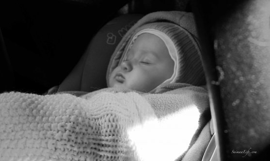 baby girl sleeping at the back seat of car black and white picture