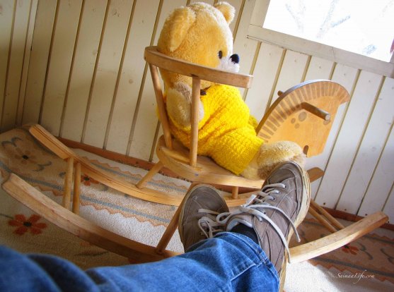 teddy bear learning how to ride wooden play horse