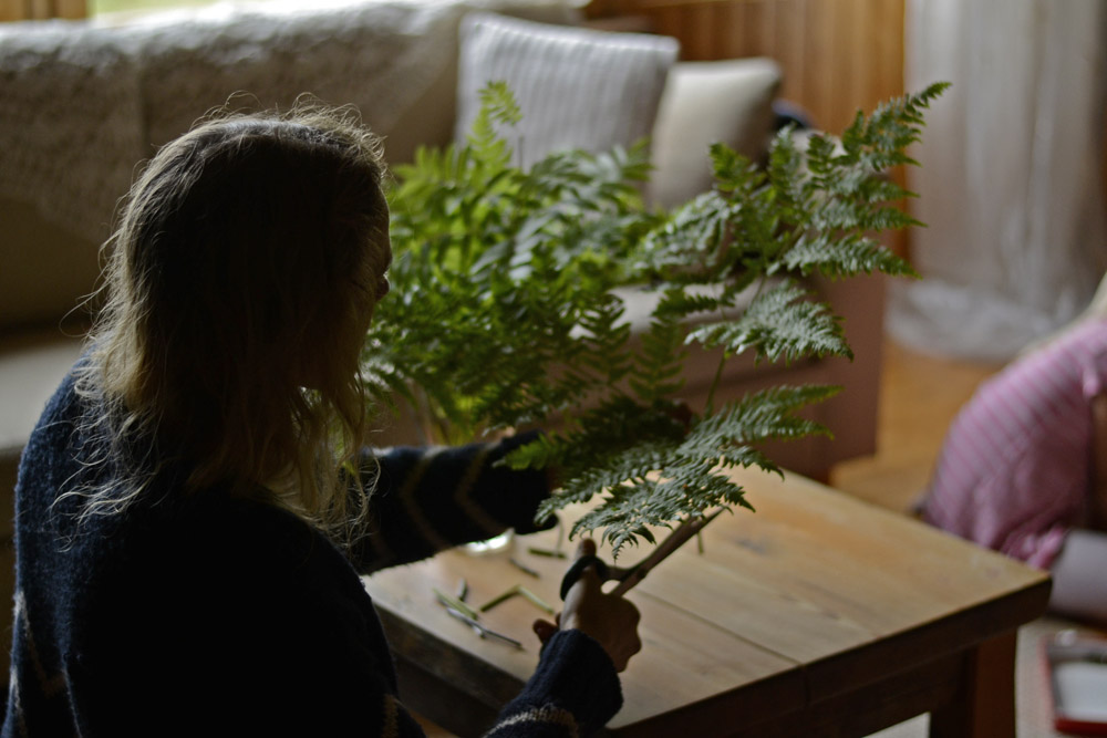 mother-putting-green-leaves-to-living-room-table