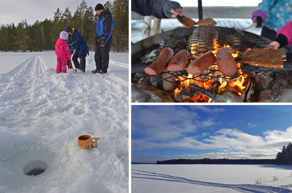 Winter picnic by the frozen lake in Saimaa