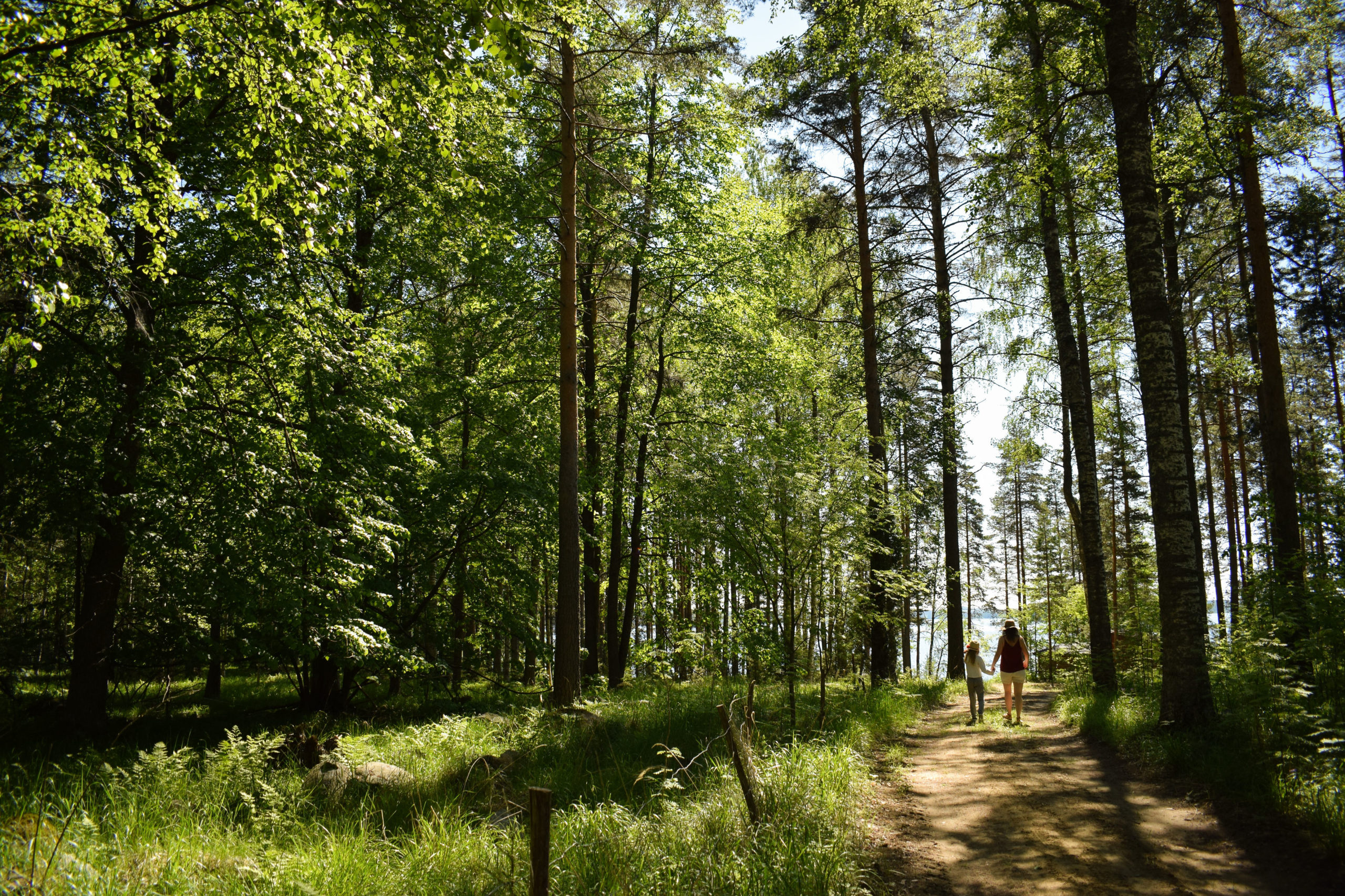 Mother and daughter walking in summer greenness at Kukkoniemen Lomamökit rental cottages in Punkaharju, Saimaa