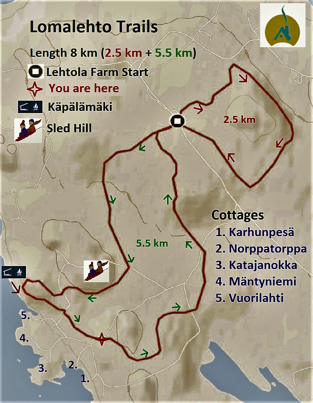 Nature trail map of Lomalehto cottages in Savonlinna