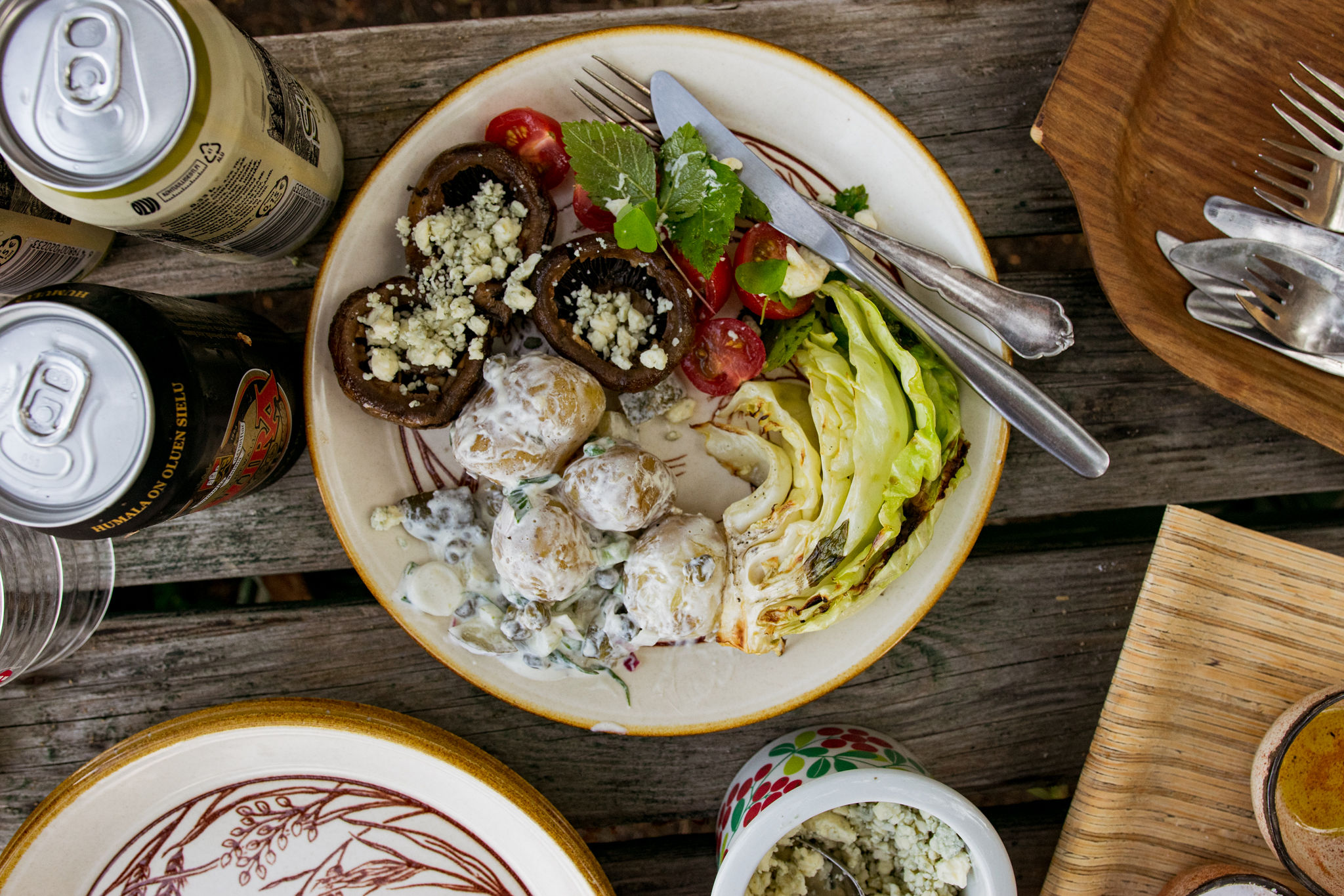 saimaalife grilled mushroom skewers, cabbage and potato salad