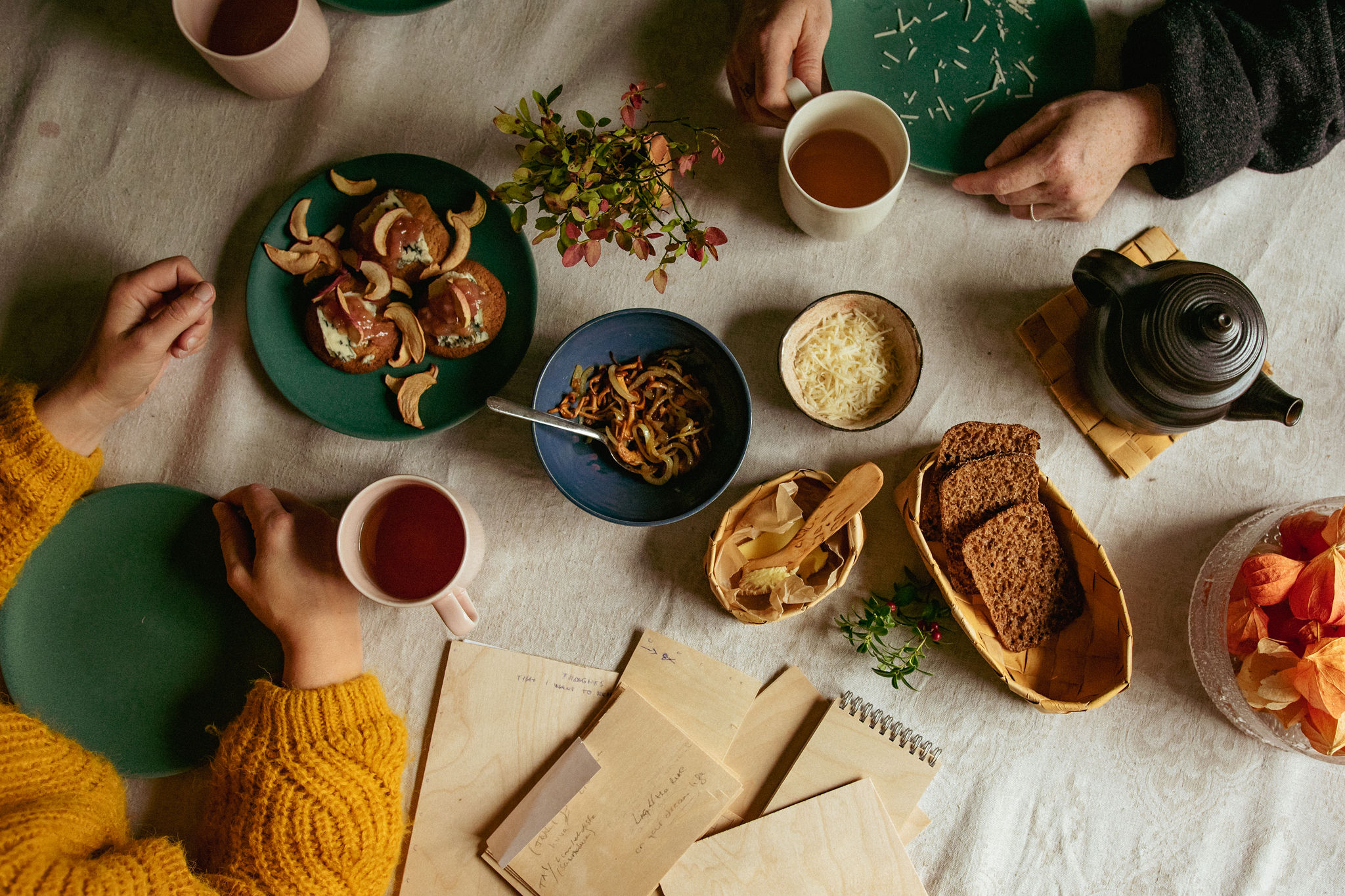 Finnish tea table with many wooden items