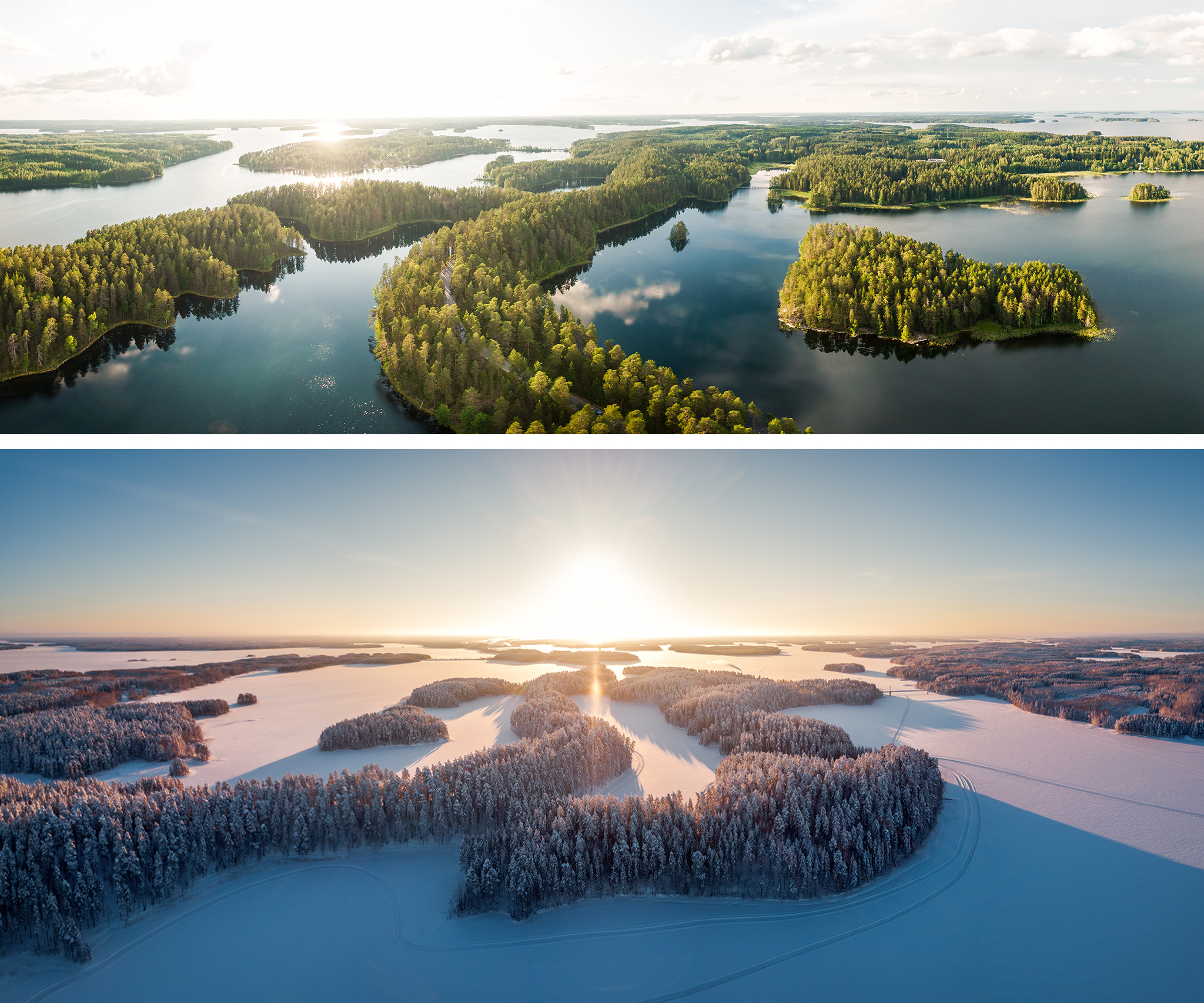 Punkaharju lake nature in Finland in winter and in summer