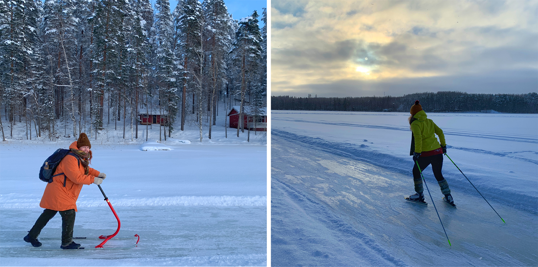 Nordic skating and kick sledding in winter at harjun portti holiday resort in Punkaharju, Finland