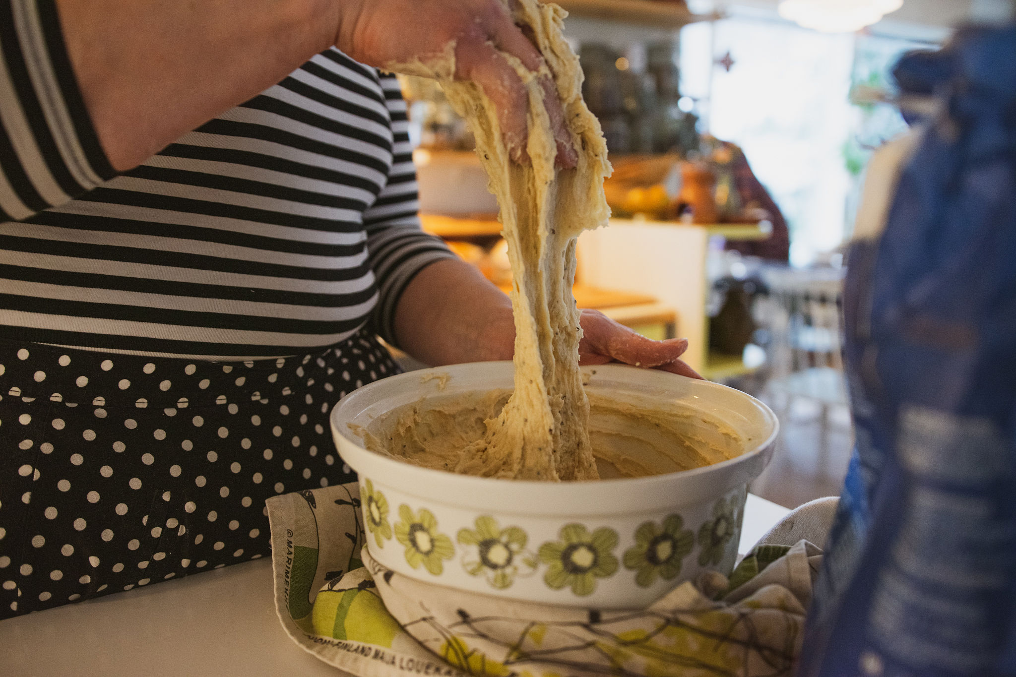 Paula kneading Finnish Paula's bun dough