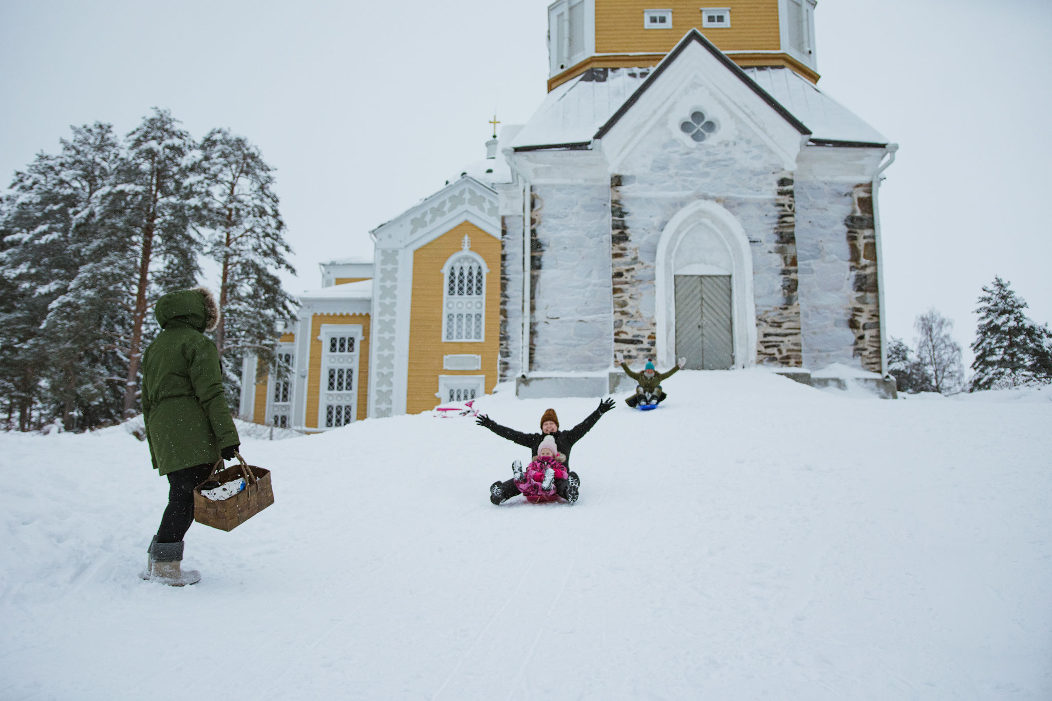 Celebrating Finnish shrovetide by sliding in Kerimäki, Finland